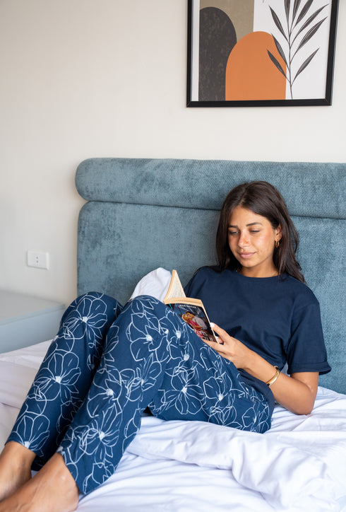 Women summer pajama set Dark blue Tee + Magnolia Floral Pants